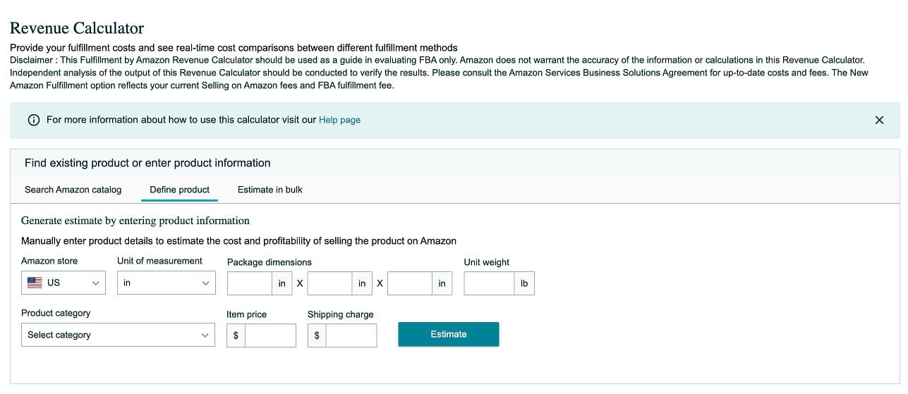 image showing start screen of online amazon fba calculator