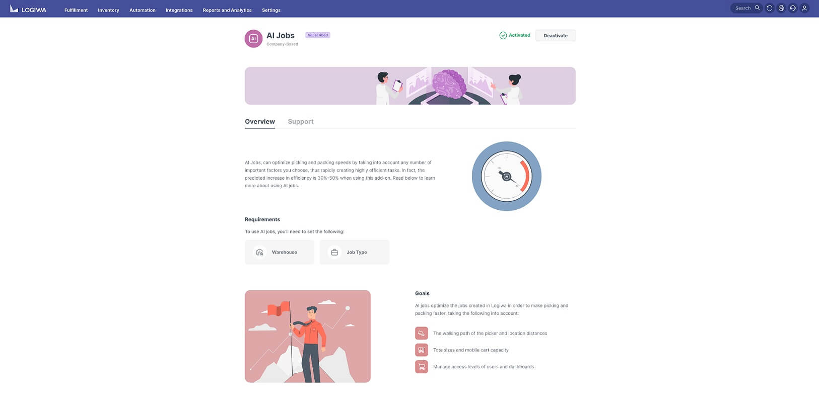 Logiwa AI Job Optimization overview screen. This add-on feature allows Logiwa IO to allocate inventory, create jobs and tasks, and send them to Logiwa’s AI Engine for optimization.