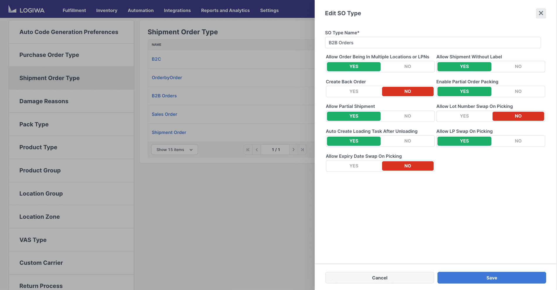 Shipment Order Parameters