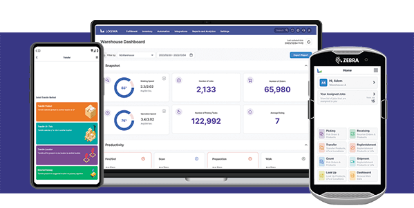 group of digital devices including a phone, laptop and zebra scanner showing various screens of Logiwa’s Fulfillment Management System (FMS) software, Logiwa IO