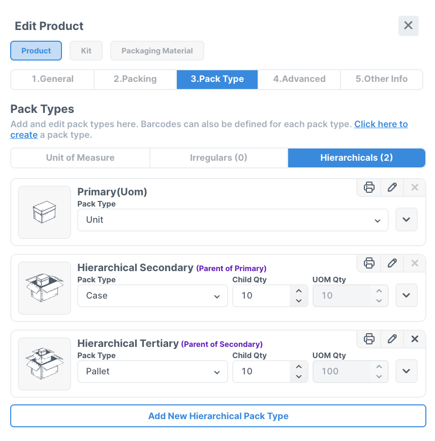 Screen from Logiwa IO to edit Parent LP types hierarchical configuration and multiple pack types feature.