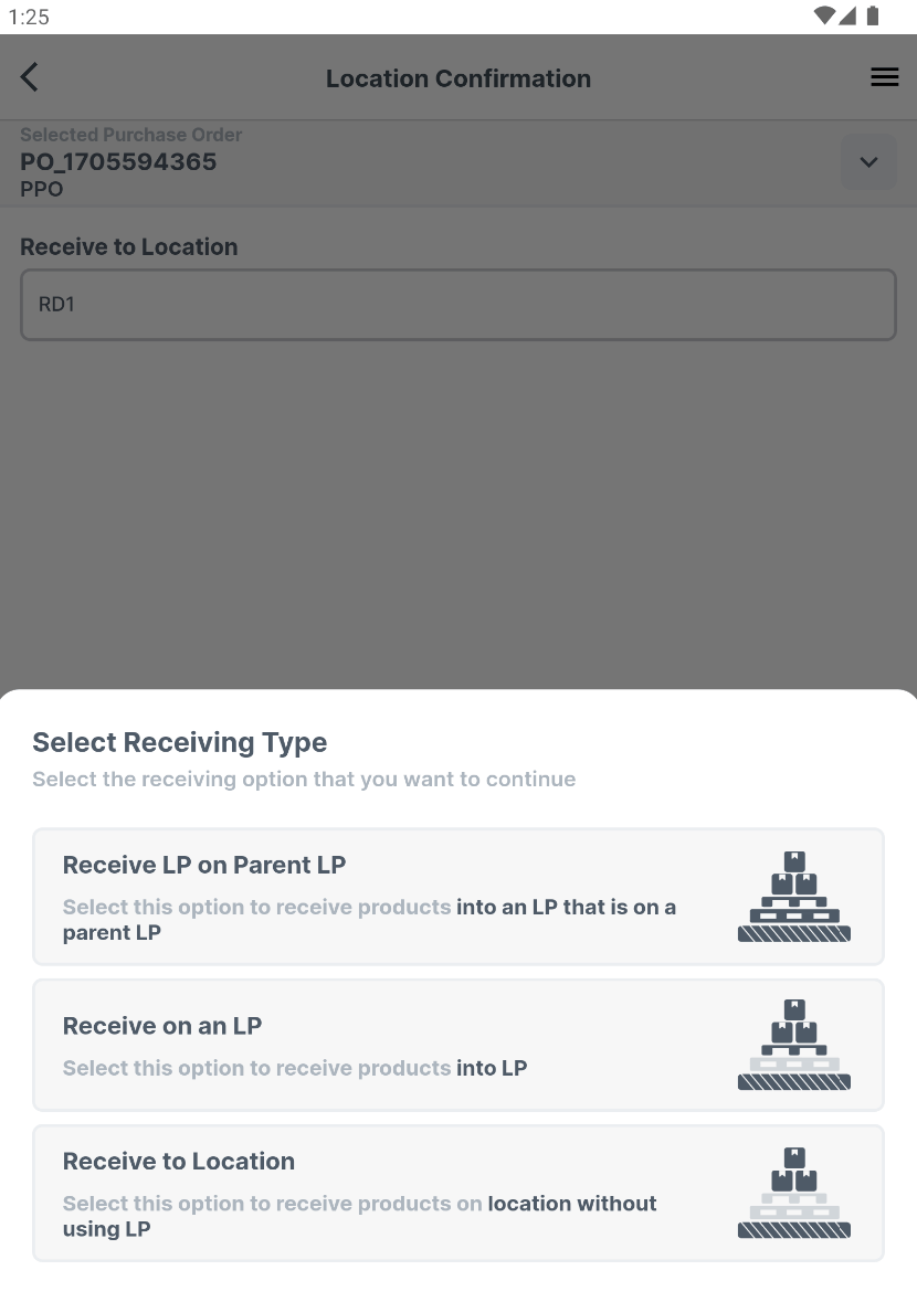 Screen showing Logiwa IO warehouse license plate (LP) receiving feature